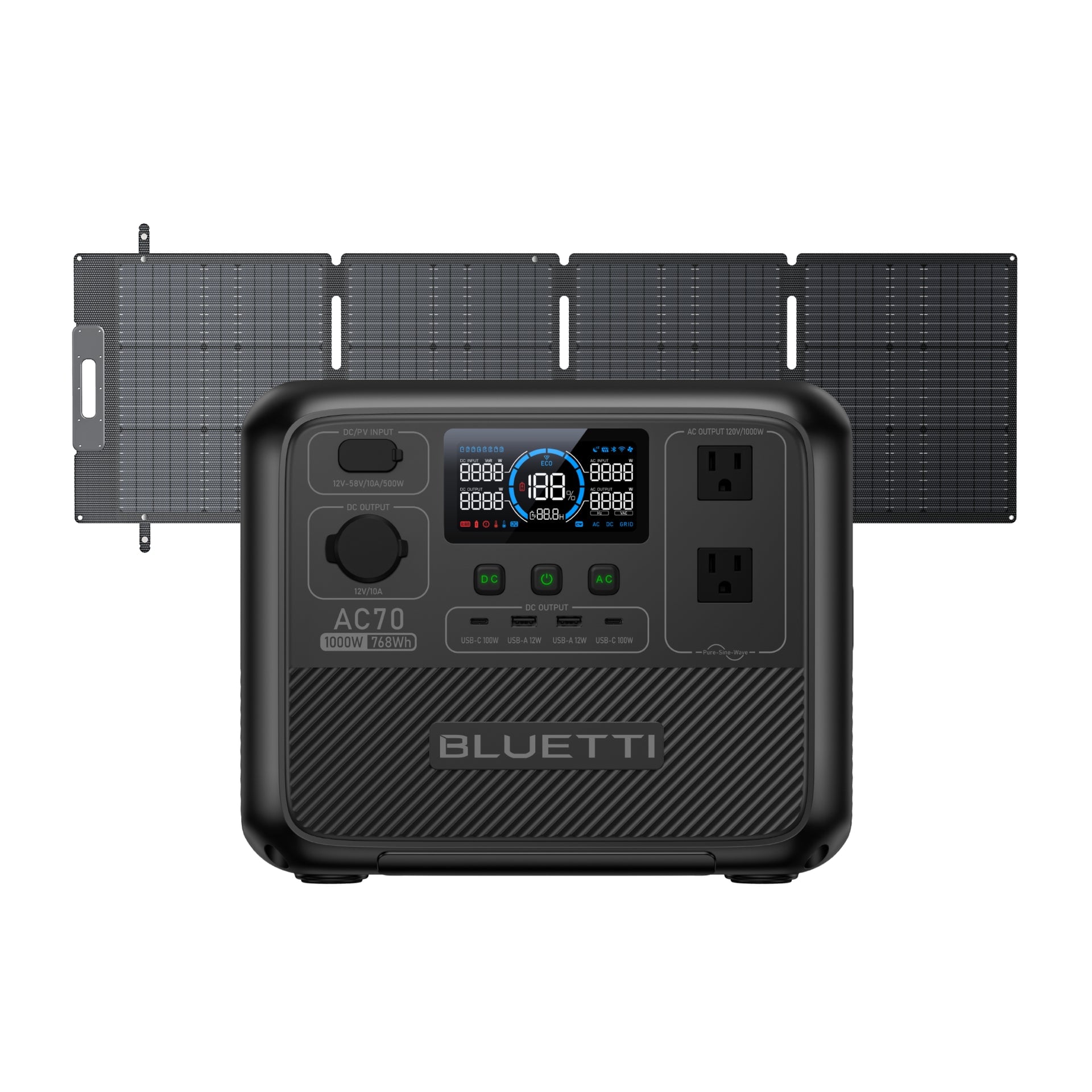 BLUETTI AC70 power station beside a foldable solar panel