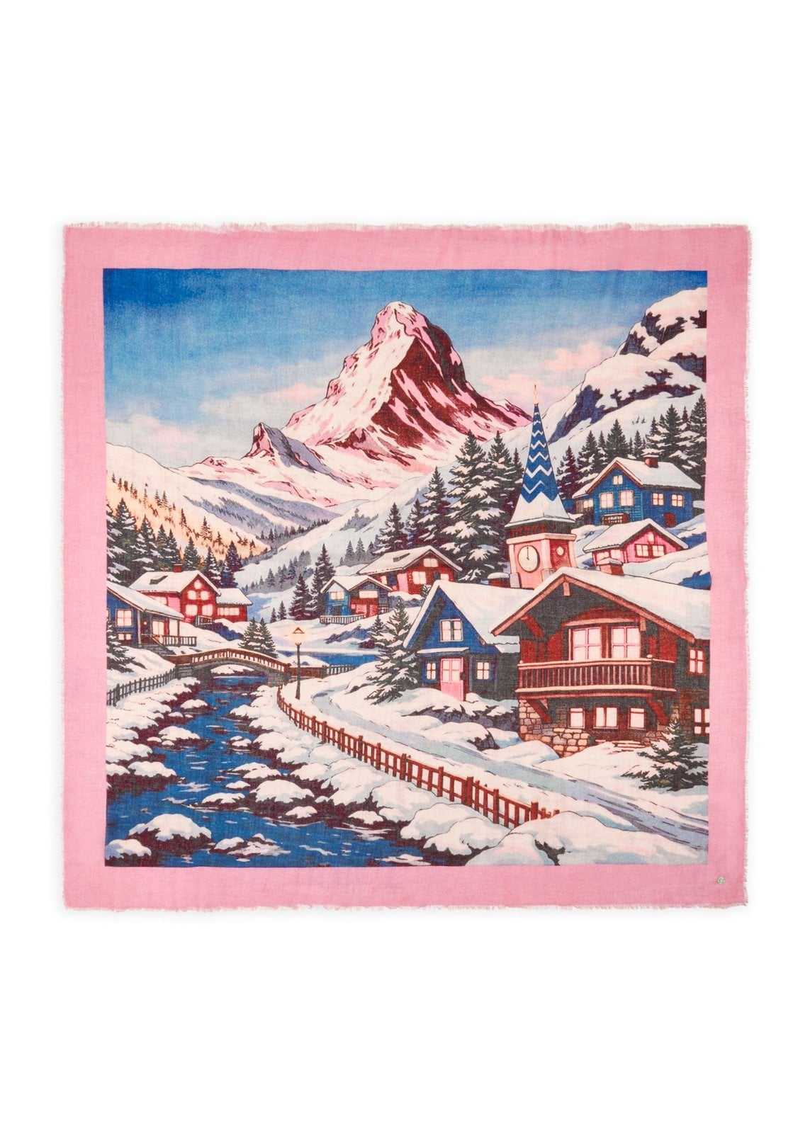 Schal aus Modal-Woll-Mix mit Bergdorf-Motiv