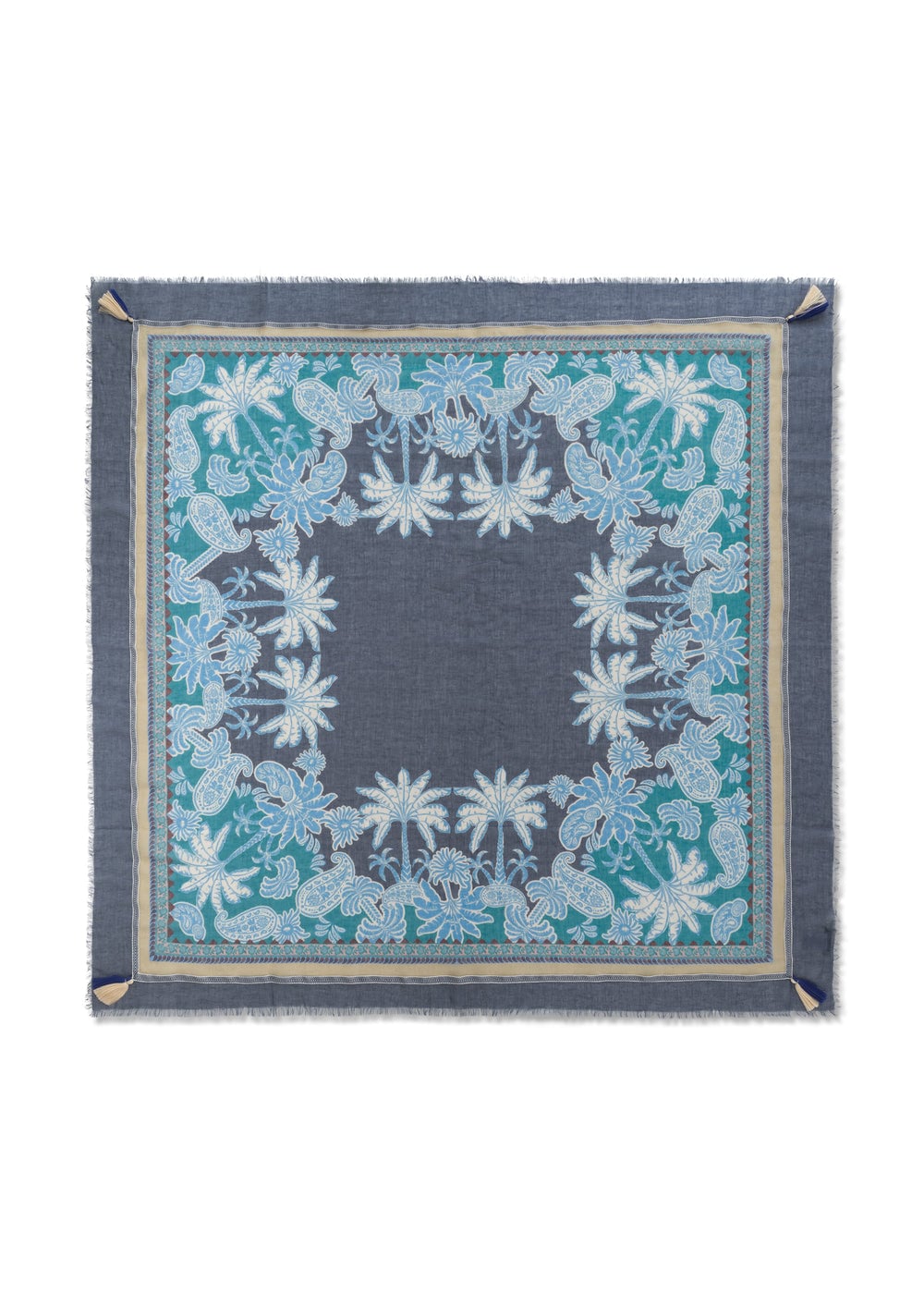 Blaues Tuch mit Palmenmotiven und Quasten