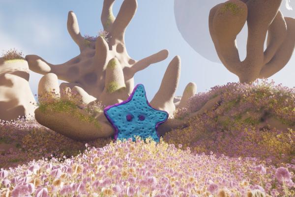 Blue star character artwork in a Frameless gallery