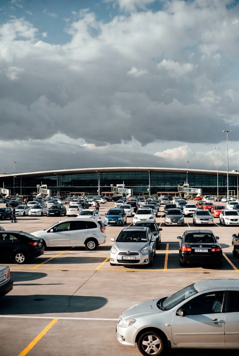 Rows of cars in an airport park-and-ride lot