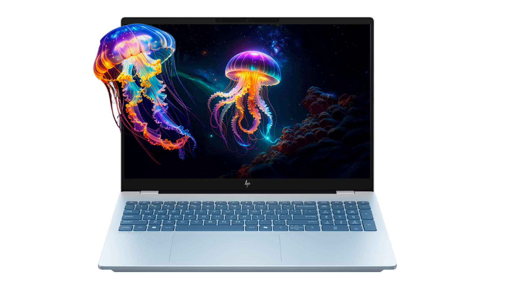 Open HP laptop shown from the front with a vivid screen