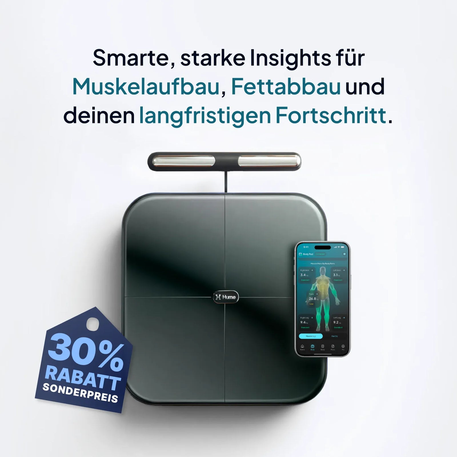 Hume Body Check und Smartphone in einer Werbegrafik