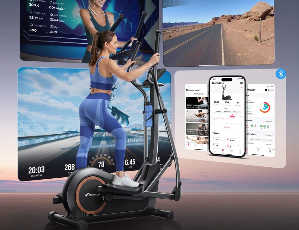 Merach E33B3 elliptical in a home workout setting
