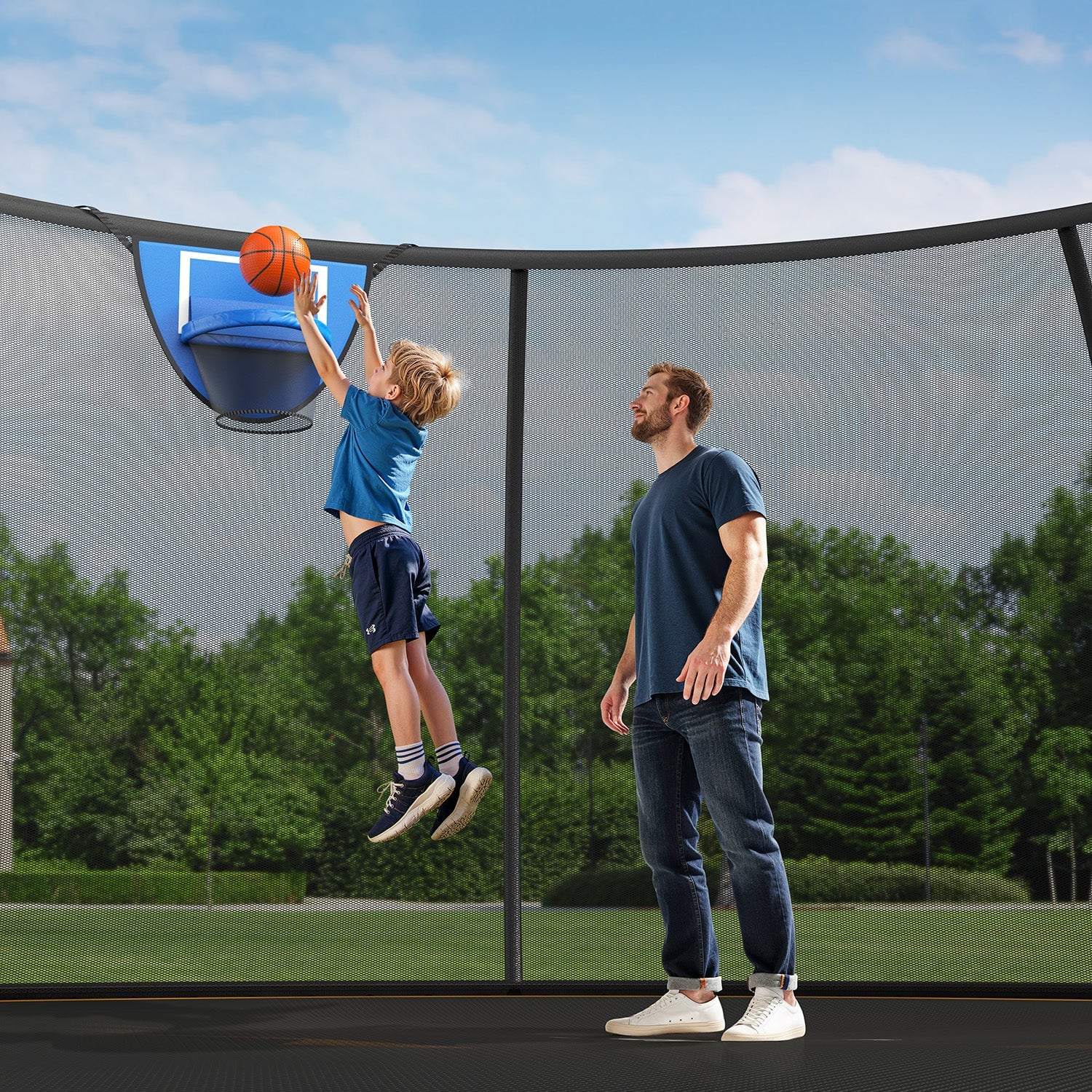 Merach outdoor trampoline in a garden