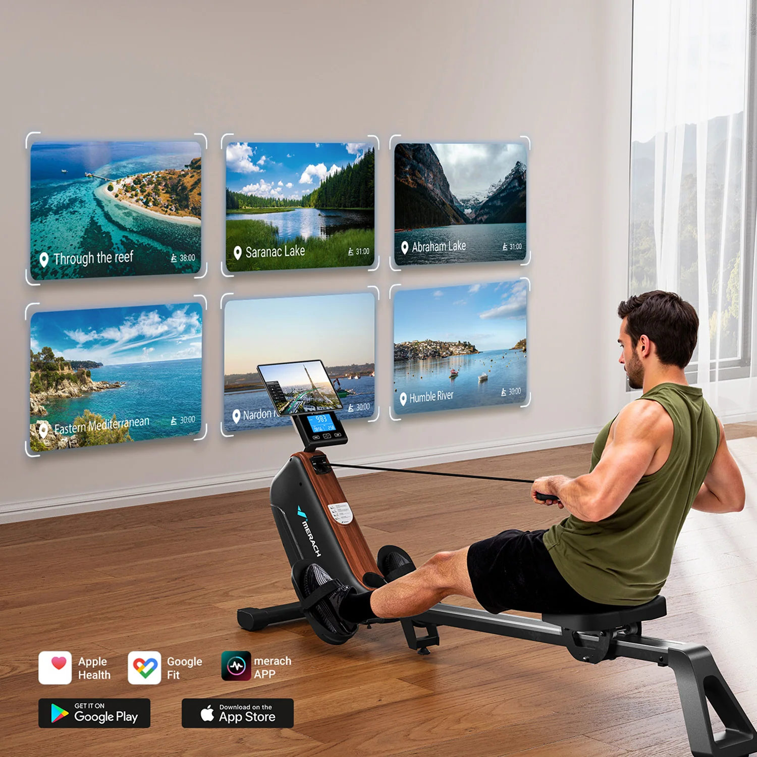 Merach R15 Pro magnetic rowing machine with its rail and flywheel