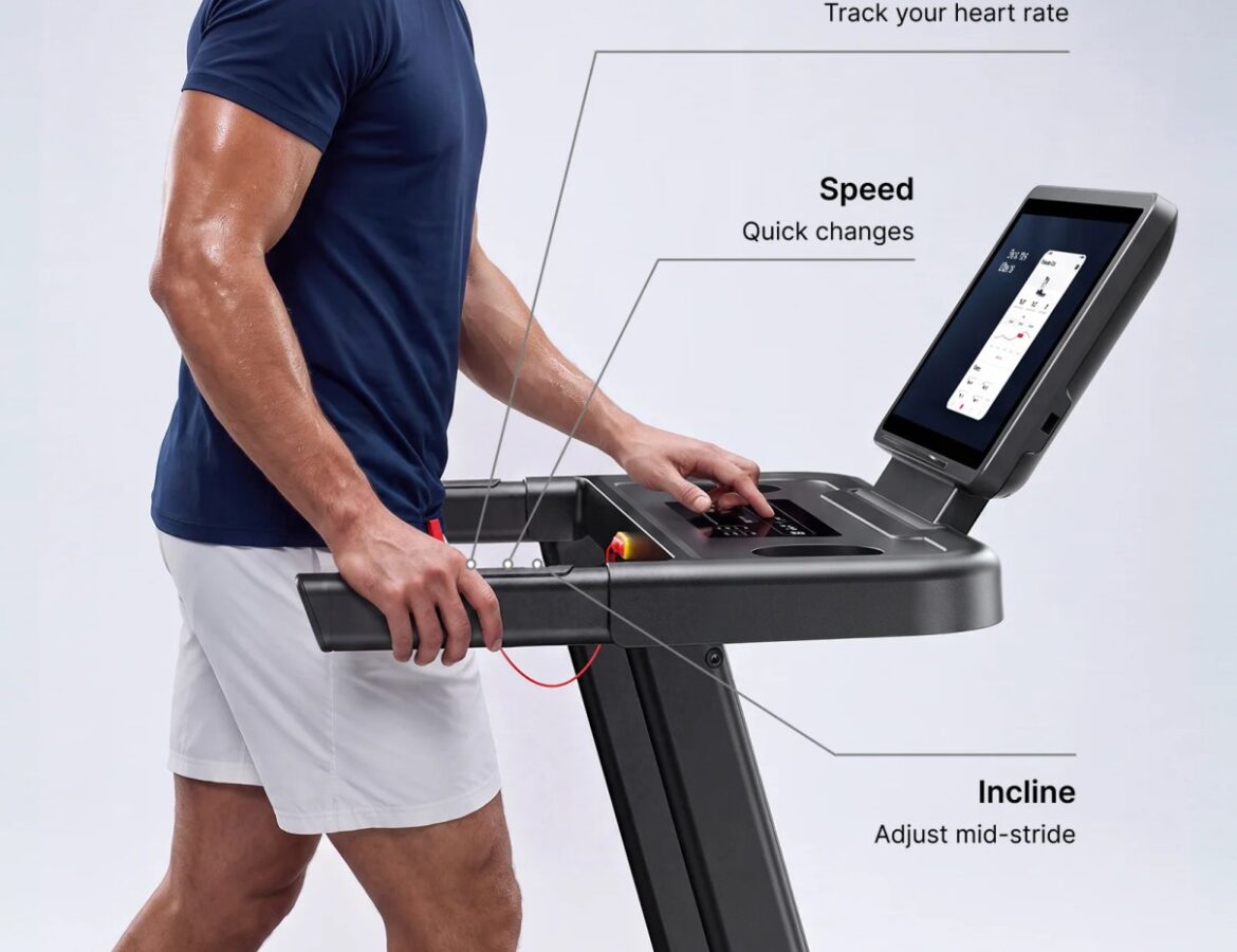 Merach T12B3 treadmill with its built-in screen in a home workout setting