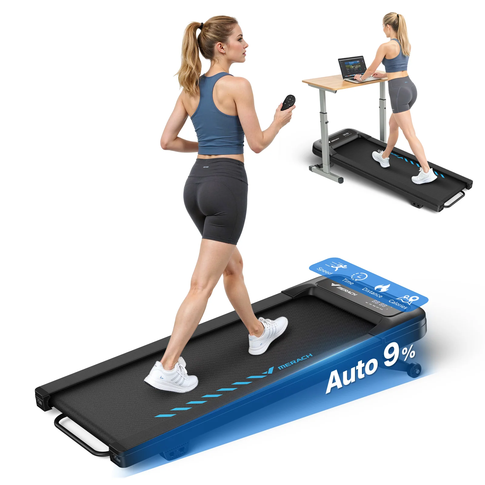 Merach T14 walking pad shown in a home setting