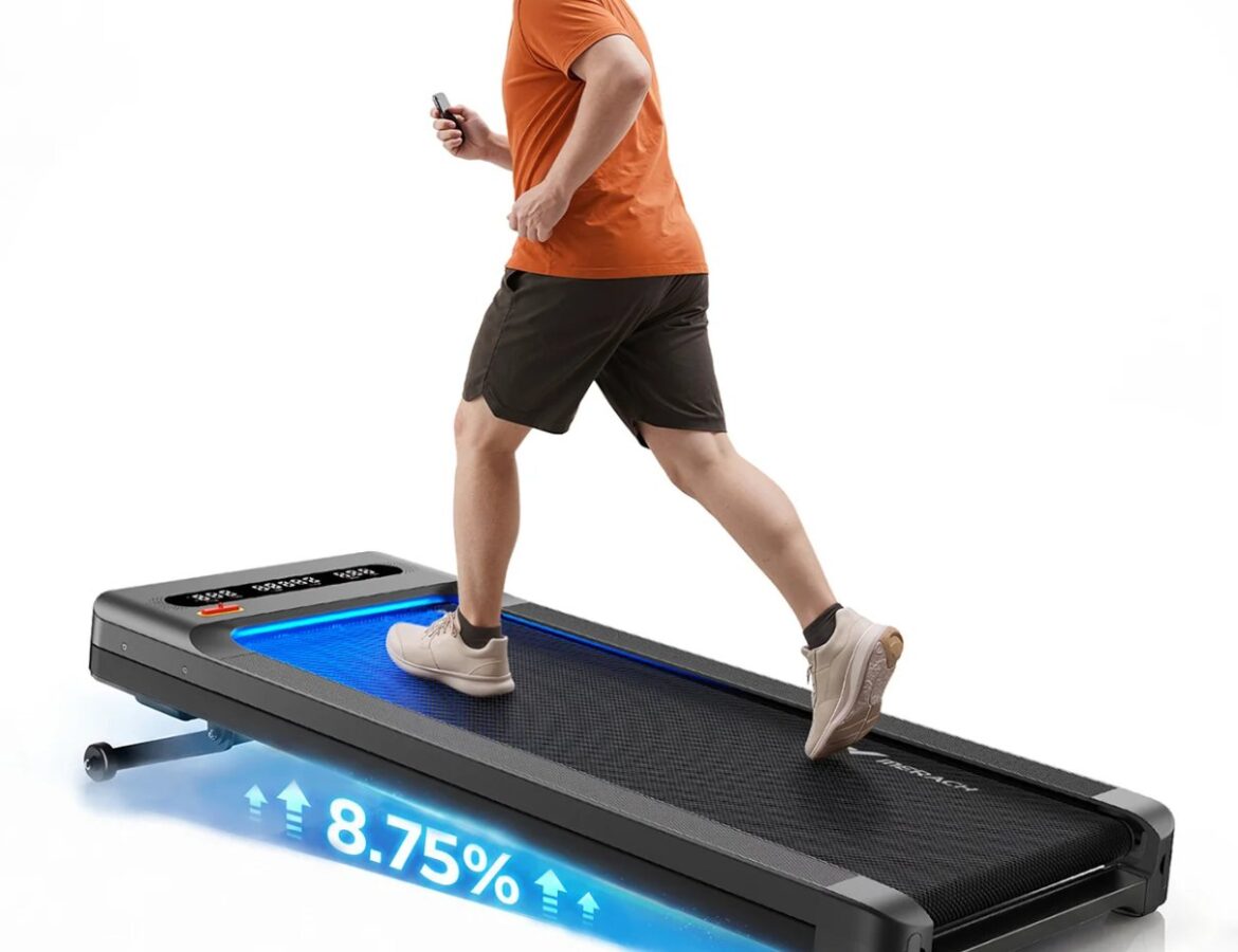 Merach UltraWalk W60 Plus walking pad shown in a home workout setting