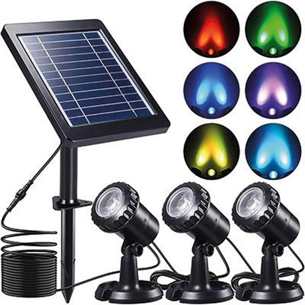 Solar powered pond spotlights with a panel and multiple lamp heads