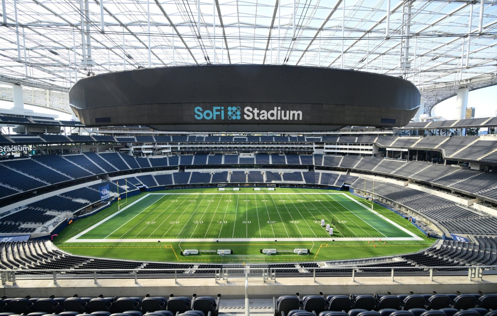 Wide view across SoFi Stadium field and seating