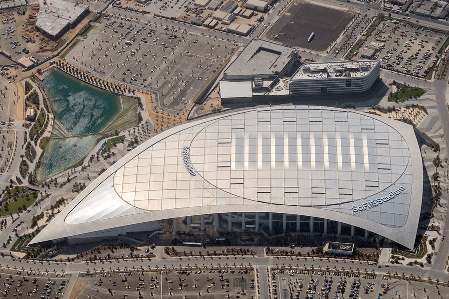 SoFi Stadium exterior at dusk