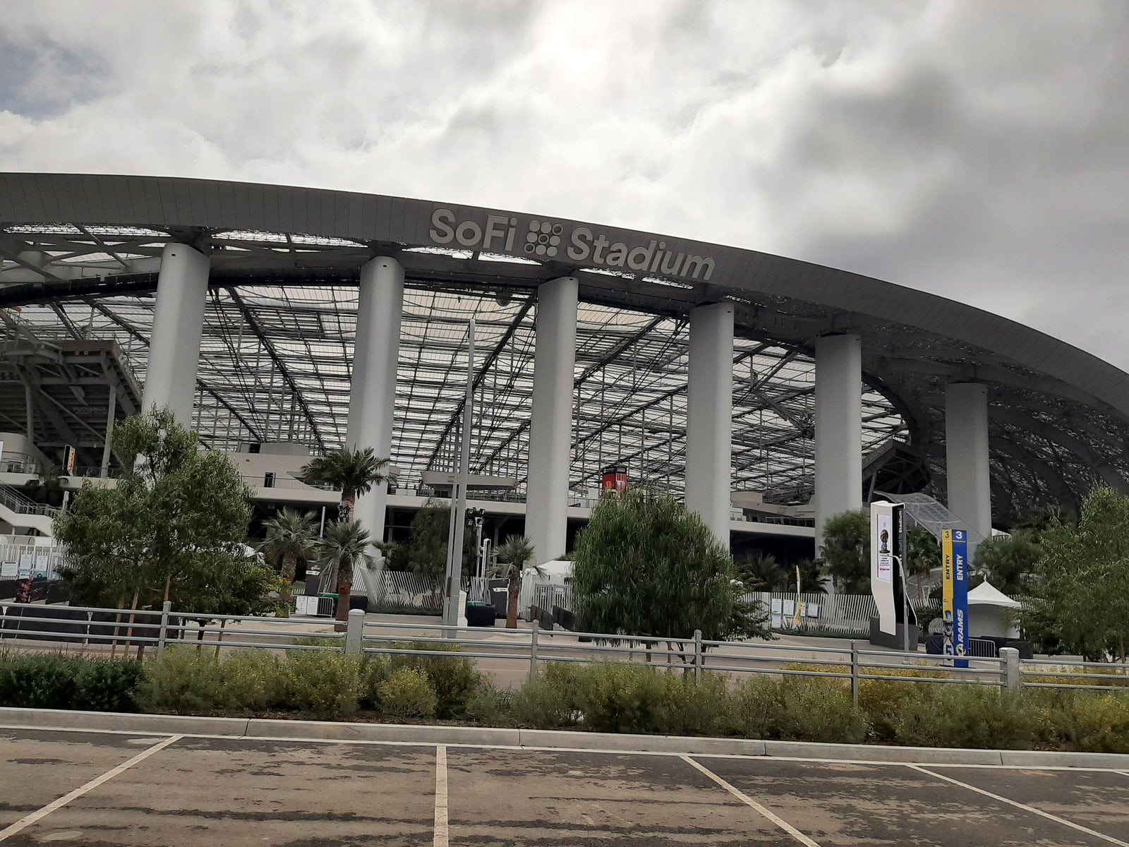 SoFi Stadium exterior and landscaped approach