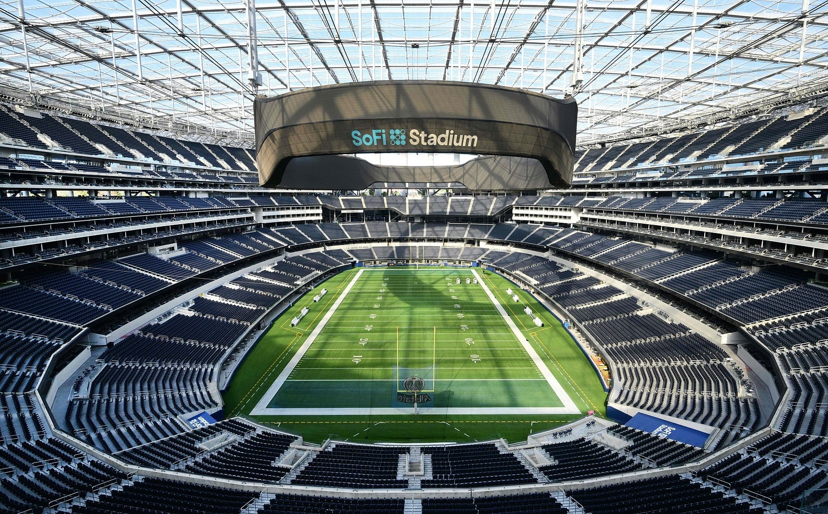 SoFi Stadium football field beneath its central video board