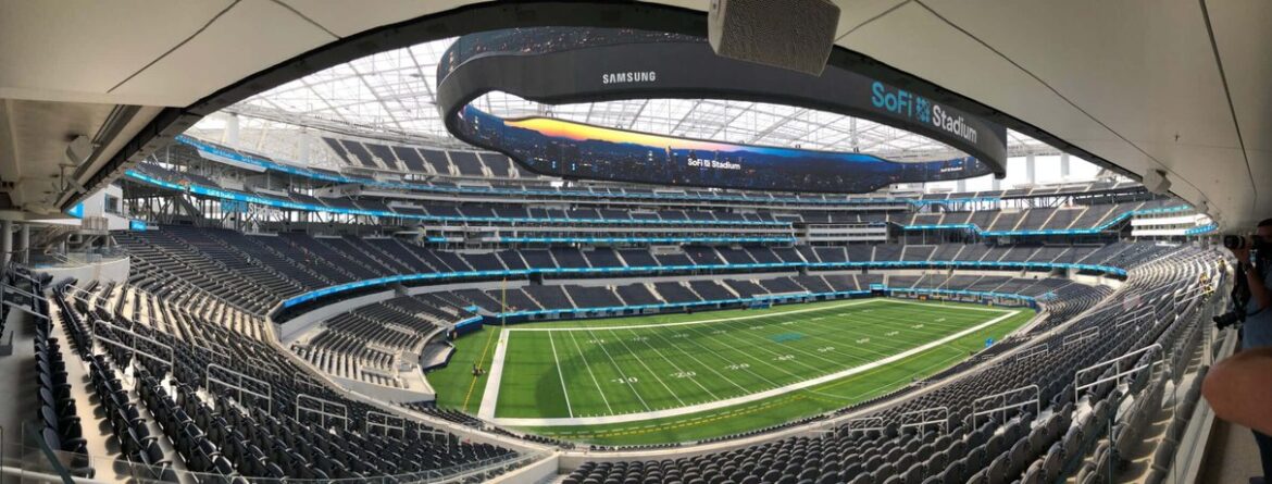 Panoramic view across SoFi Stadium's field and seating