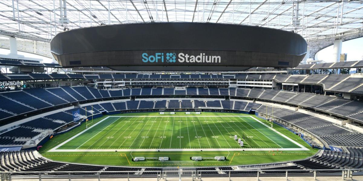 Empty SoFi Stadium field prepared for soccer