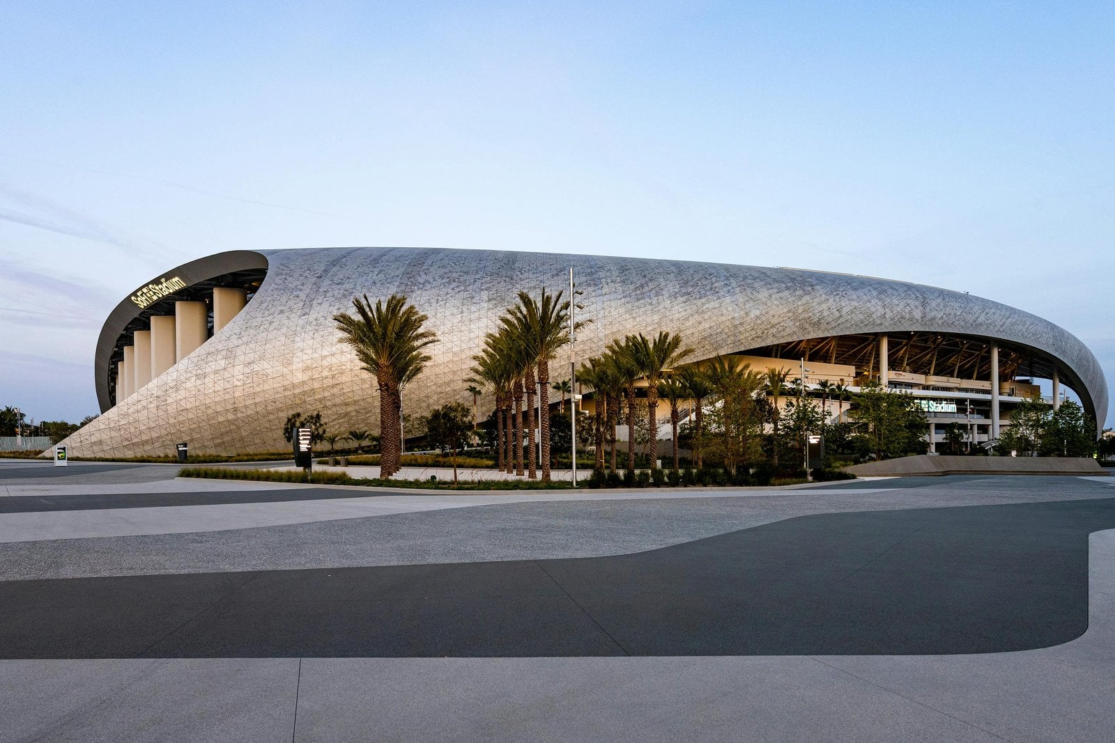 North exterior and entrance plaza of SoFi Stadium