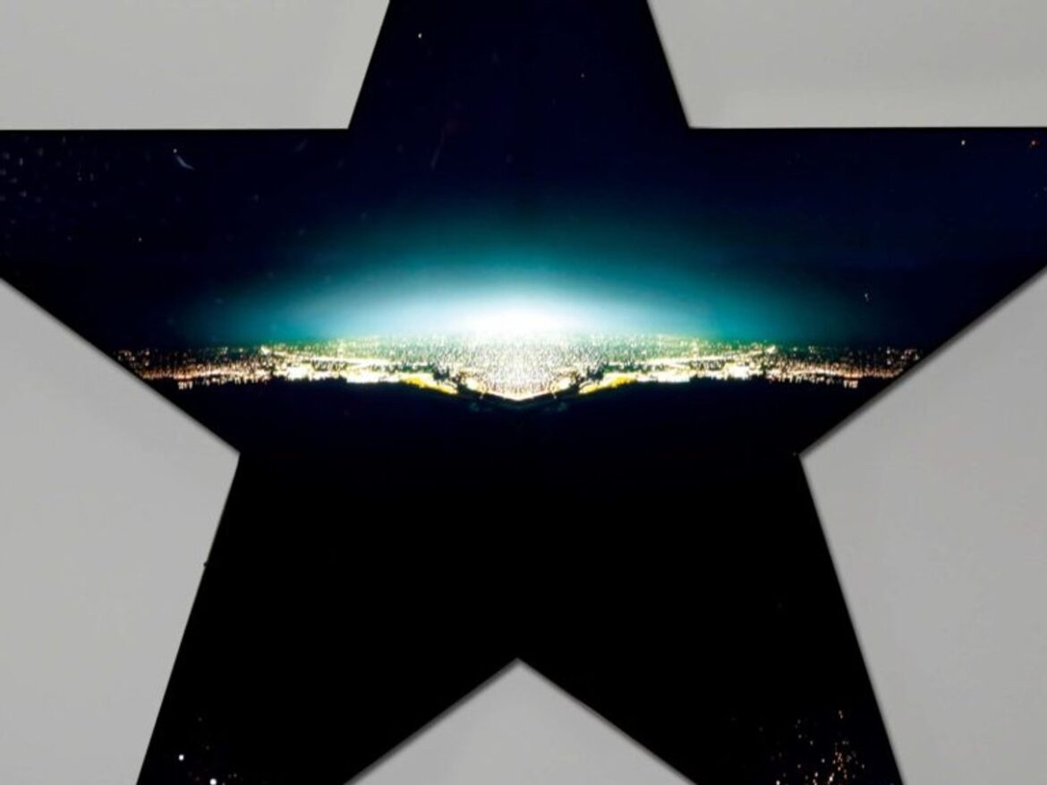 Large illuminated art installation inside AT&T Stadium