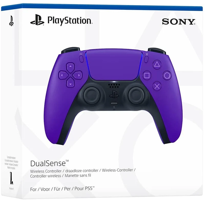 Galactic Purple DualSense controller shown with its PlayStation 5 retail box