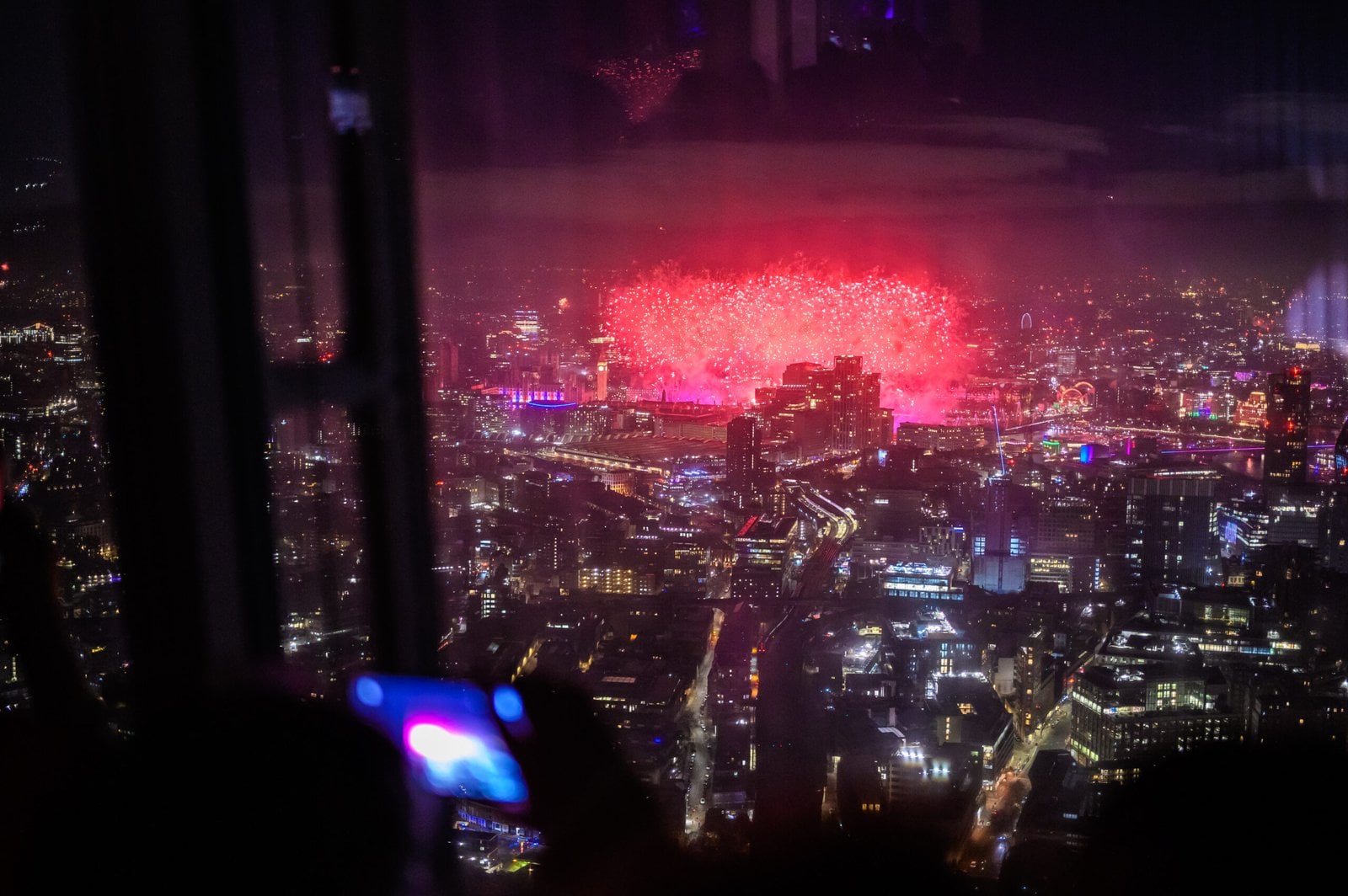 Fireworks over London seen from The View from The Shard at night