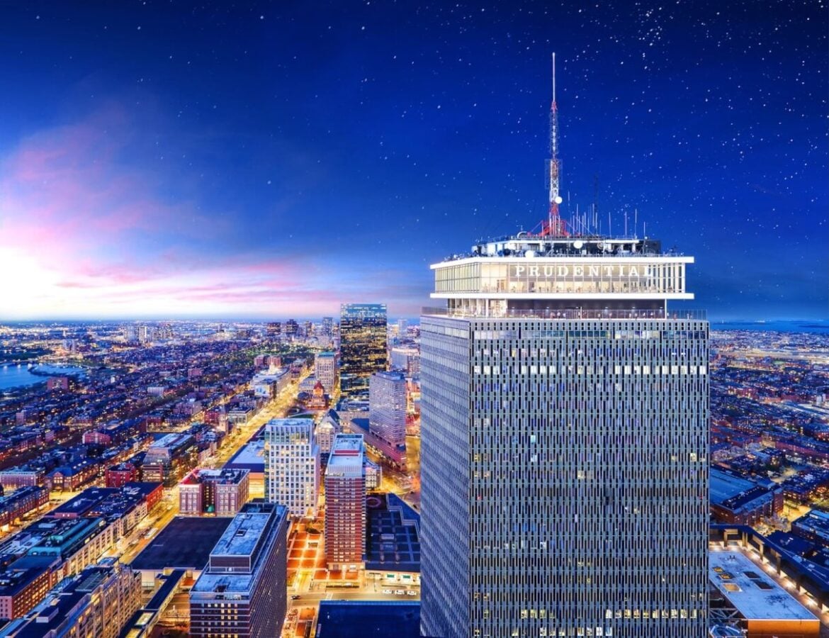 View Boston observation deck glowing above Boston at night